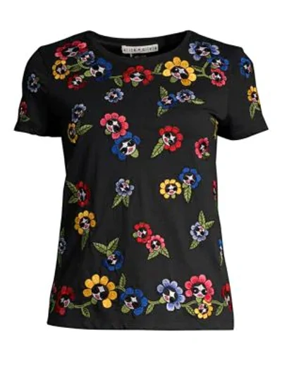 Shop Alice And Olivia Rainbow Floral & Face Embroidered T-shirt In Black Multi