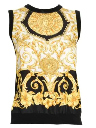 Shop Versace Hibiscus Print Silk Top In Black Gold