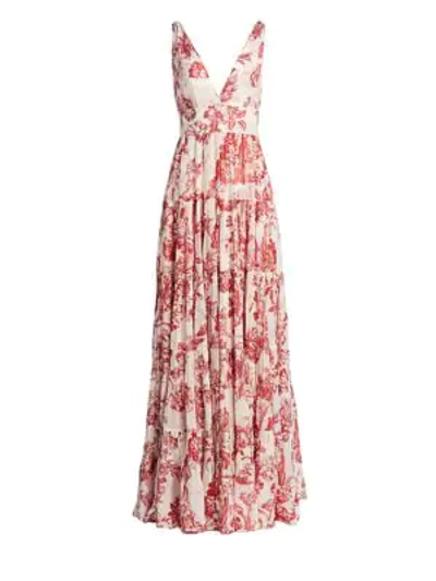 Shop Oscar De La Renta Floral Sleeveless Pintuck V-neck A-line Dress In Scarlet