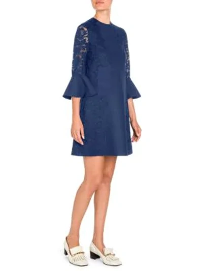 Shop Valentino Lace Flutter Sleeve Shift Dress In Blue