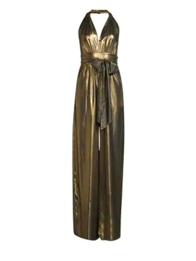 Shop Rachel Zoe Renee Metallic Halter Jumpsuit In Gold