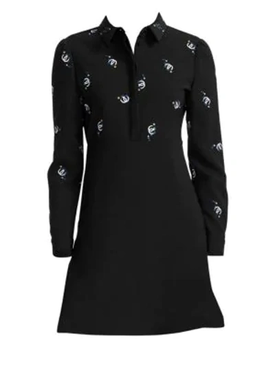 Shop Maje Embroidered Collared A-line Mini Dress In Black