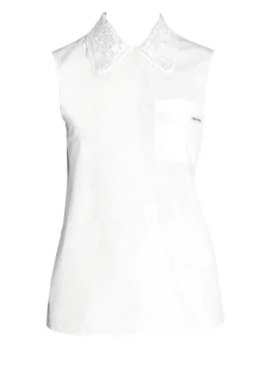 Shop Miu Miu Macramé Star Collar Cotton Poplin Shirt In Bianco