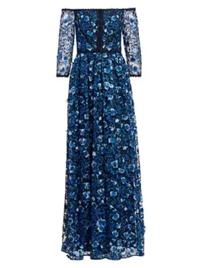 Shop Marchesa Notte Off-the-shoulder Embroidered Floral Gown In Navy