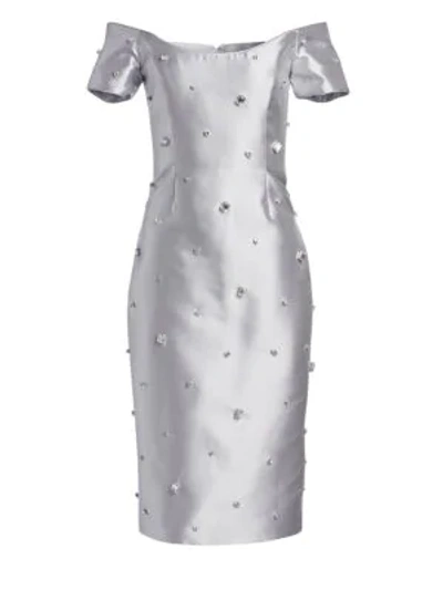 Shop Catherine Regehr Oriel Off-the-shoulder Embellished Metallic Sheath Dress In Dove Grey