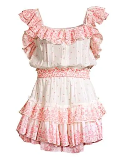 Shop Loveshackfancy Marina Floral Polka Dot Plisse Ruffle Mini A-line Dress In Meringue