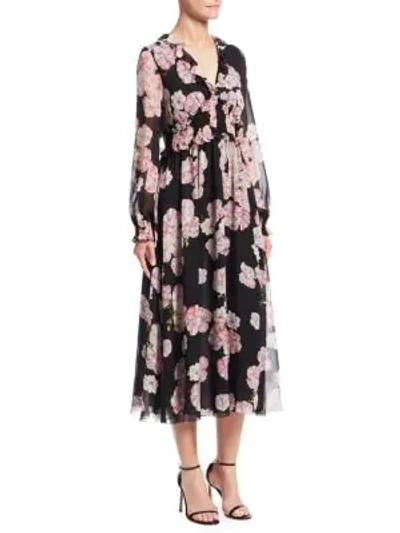 Shop Giambattista Valli Ruffled Floral Silk Midi Dress In Black Peony Rose