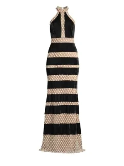 Shop Patbo Velvet & Pearl Striped Gown In Black