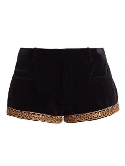 Shop Saint Laurent Embellished Velvet Shorts In Black