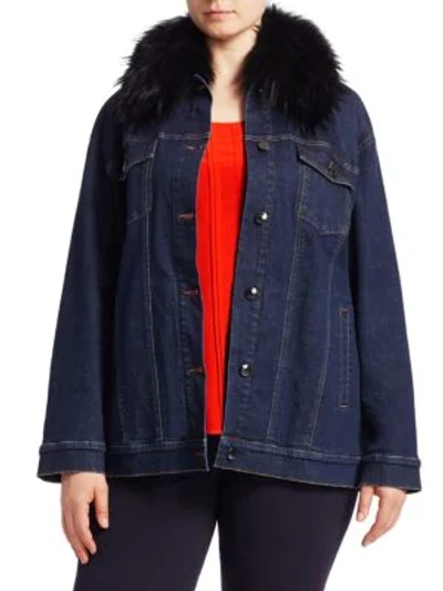 Shop Ashley Graham X Marina Rinaldi Fox Fur Collar Denim Jacket In Dark Navy