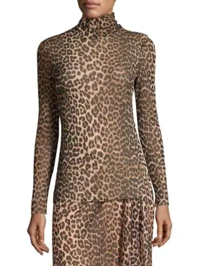 Shop Ganni Printed Mesh Sheer Turtleneck In Leopard