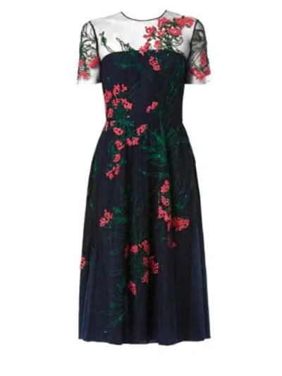 Shop Carolina Herrera Illusion Floral-embroidered A-line Cocktail Dress In Midnight