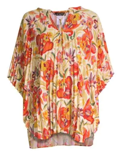 Shop Etro Floral Pleated Poncho Top In Red Multi