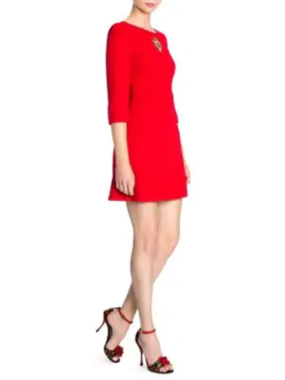 Shop Dolce & Gabbana Three-quarter Sleeve Embellished Heart Wool Dress In Red