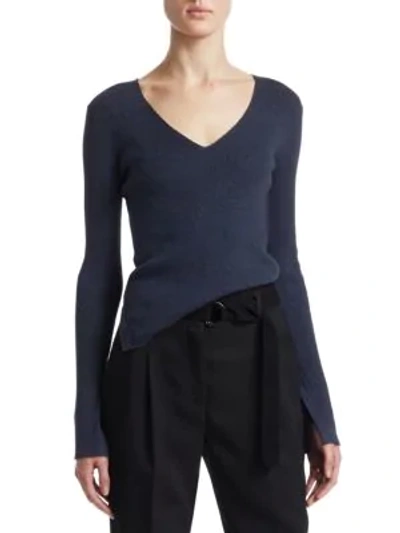 Shop Akris Punto Ribbed V-neck Long Sleeve Top In Denim