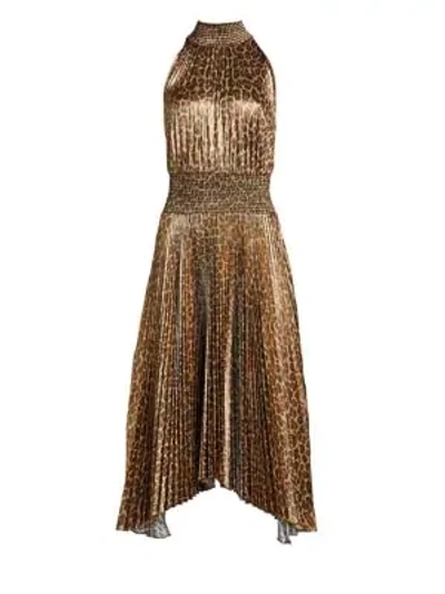 Shop A.l.c Leopard Renzo Pleated A-line Handkerchief Dress In Metallic Gold