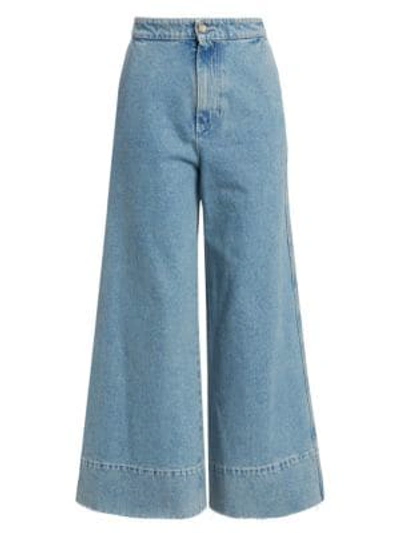 Shop Loewe High Waist Raw Hem Flared Crop Jeans In Indigo