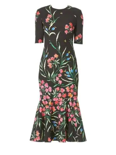 Shop Carolina Herrera Floral Stretch Cotton Faille Cocktail Midi Dress In Black Multi