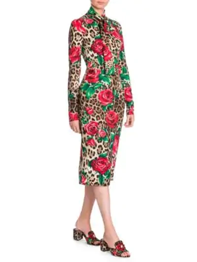 Shop Dolce & Gabbana Silk Charmeuse Tie Neck Tubino Dress In Roses On Leo