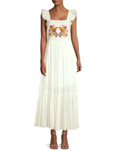 Shop Carolina K Ruffle Sleeve Maxi Dress In Parrot Embrioidery White