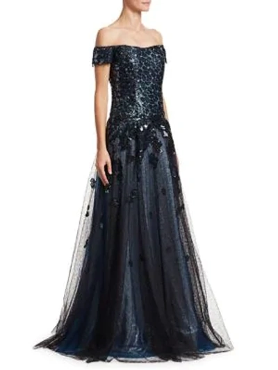 Shop Rene Ruiz Off-the-shoulder Sequin A-line Gown In Blue Black