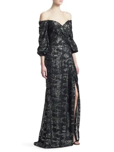 Shop Rene Ruiz Three-quarter Sleeve Off-the-shoulder Sequin Gown In Black Silver