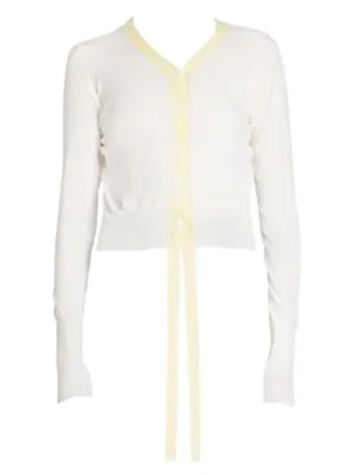 Shop Loewe Wool Leather Trimmed Cropped Cardigan In White Yellow