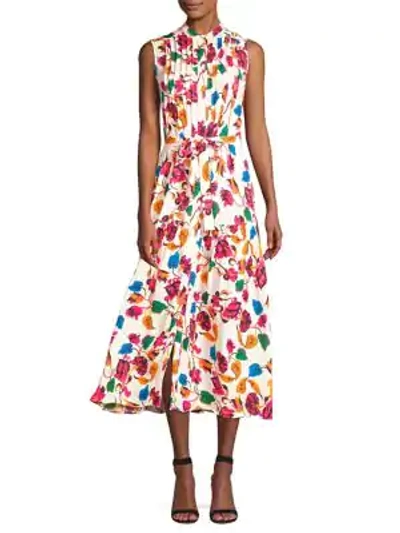 Shop Saloni Remi Sleeveless Floral Belted Dress In Ivory Japonica