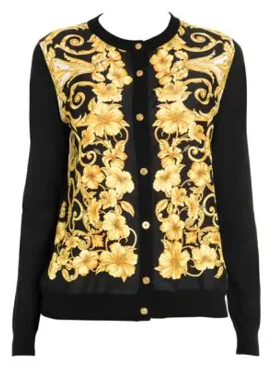 Shop Versace Hibiscus Print Silk Cardigan In Black Gold