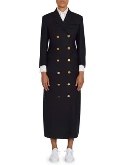 Shop Thom Browne Double Breasted Raw Edge Coat Dress In Navy