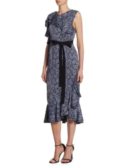 Shop Erdem Kaylee Floral Midi Dress In Slate Blue Black