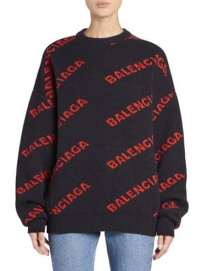 Shop Balenciaga Intarsia Knit Logo Sweater In Navy Orange