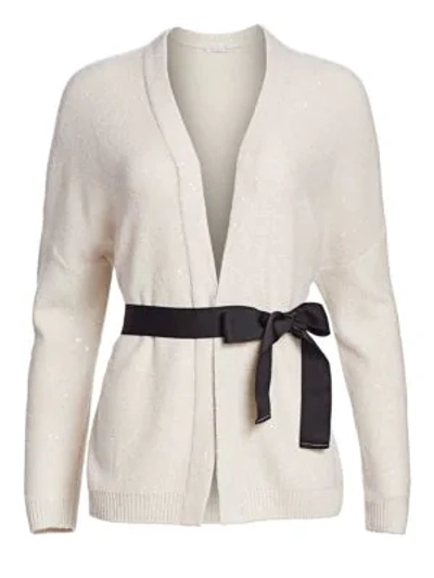 Shop Brunello Cucinelli Oversized Sequin Tie-waist Wool & Silk Shawl Cardigan In Oatmeal