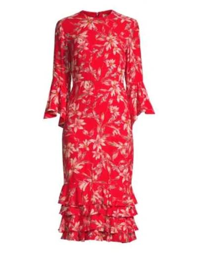 Shop Amur Alexia Crepe Flared Sleeve Midi Dress In Red