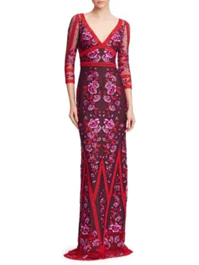 Shop Marchesa Notte Floral Lace Gown In Wine
