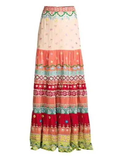 Shop Saloni Isabel Floral Embroidered Stripe Silk Maxi Skirt In Peach