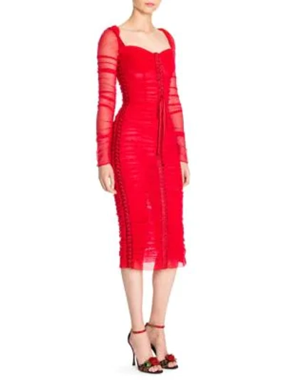 Shop Dolce & Gabbana Ruched Tulle Long Sleeve Lace-up Dress In Red
