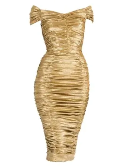 Shop Dolce & Gabbana Ruched Lamé Off-the-shoulder Dress In Gold