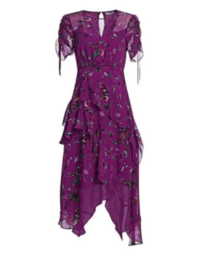 Shop Tanya Taylor Vines Print Tiered Silk Handkerchief Dress In Purple