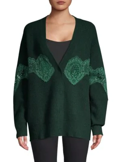 Shop Sandro Oversized Ribbed Lace Cardigan In Bottle Green