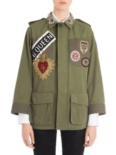 Shop Dolce & Gabbana Cotton Embroidered Logo Patch Jacket In Army Green