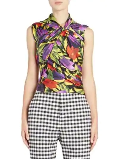 Shop Balenciaga Painted Pansy Ruched Wrap Top In Purple Black