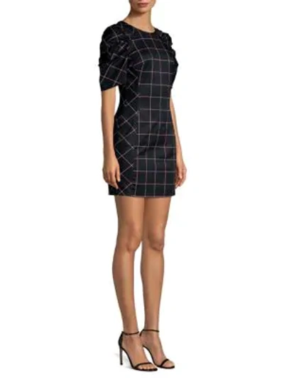 Shop Milly Aria Ruched Sleeve Grid Shift Dress In Black