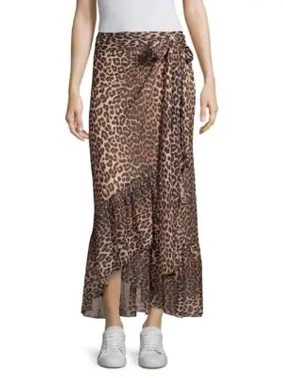 Shop Ganni Printed Mesh Wrap Skirt In Leopard