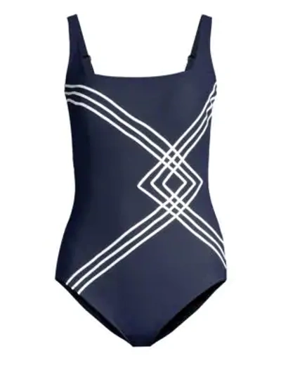 Shop Gottex Swim Navy & White Squareneck One-piece In Navy White