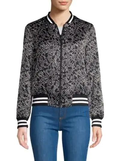 Shop Alice And Olivia Keith Haring X Alice + Olivia Lonnie Graphic Reversible Silk Bomber Jacket In Dancing Man Cherry Multi