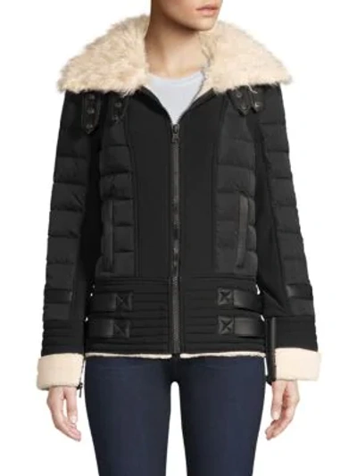 Shop Blanc Noir Moto Aviator Faux-fur Collar Down Puffer Jacket In Black