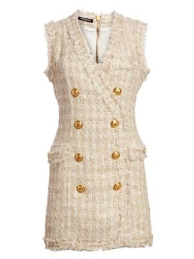 Shop Balmain Fringed Tweed Double-breasted Mini Dress In Sable