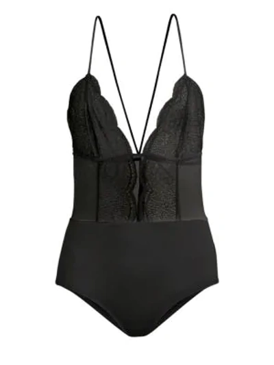 Shop Calvin Klein Plunging Lace Bodysuit In Black