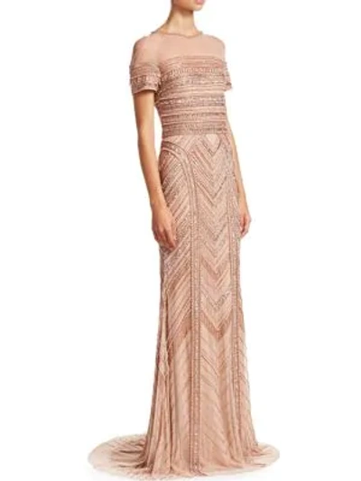 Shop Theia Embellished Tulle Mermaid Gown In Peach Multi